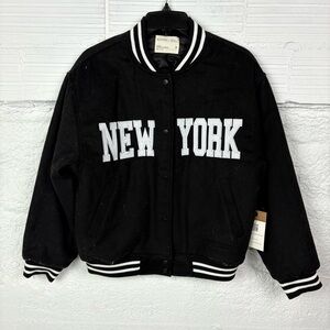 NWT KHAKI + BLUE Black embroidered New York Varsity Jacket size small